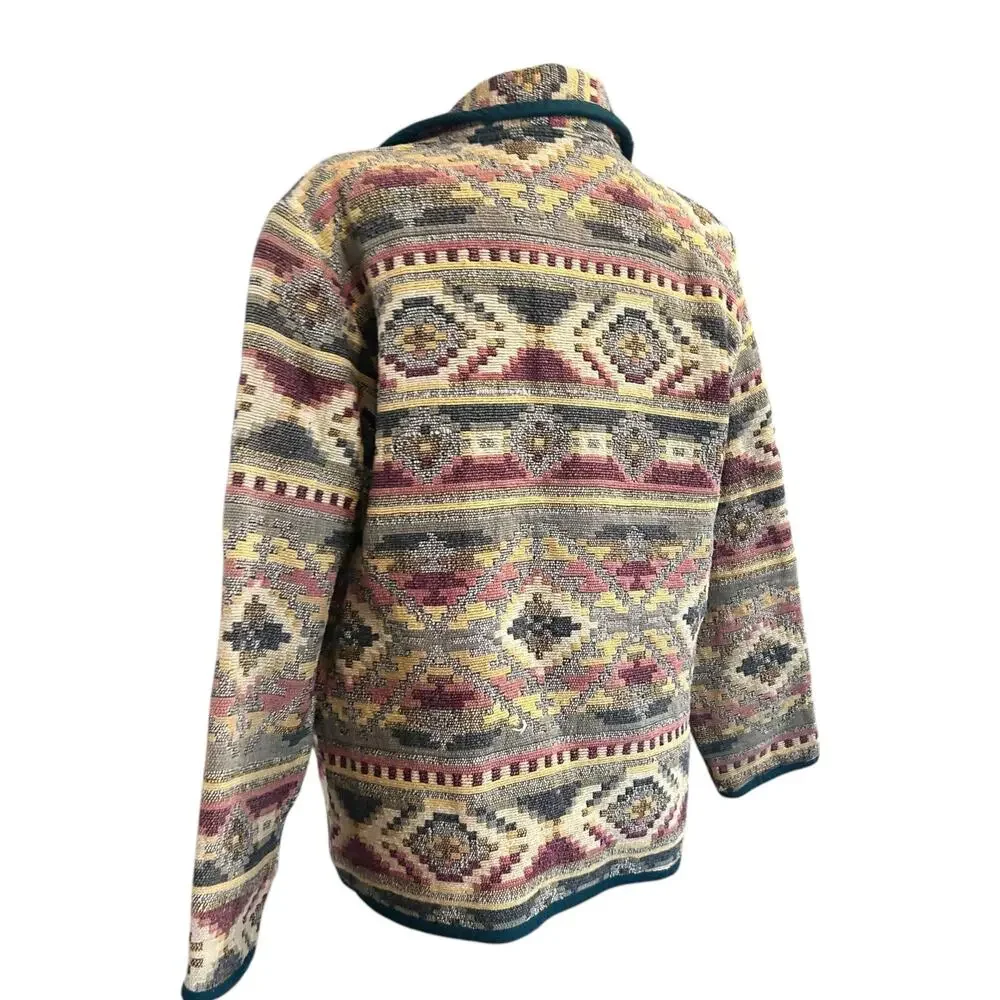 Vintage Patchwork Blazer Womens Size LP Tan Stripe Cotton Aztec Southwestern - Picture 15 of 16